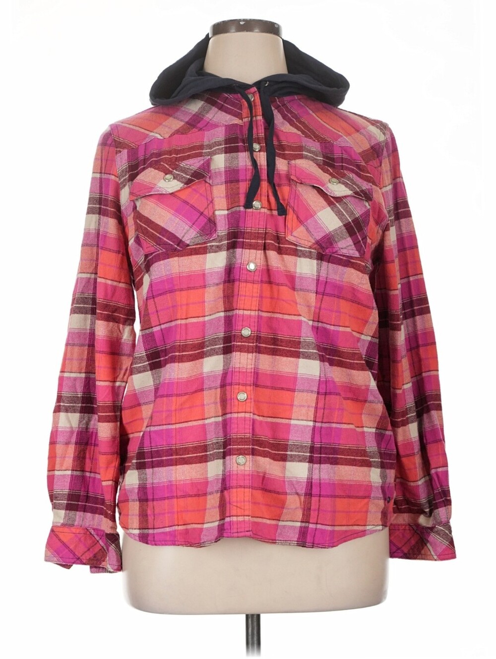 Legendary Whitetails plaid 98% cotton black hooded jacket snap front buttons - Picture 14 of 14